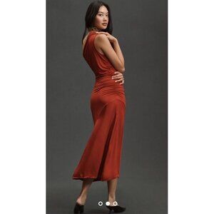 anthropologie red satin dress BHLDN Celeste Plunge Satin Maxi Dress